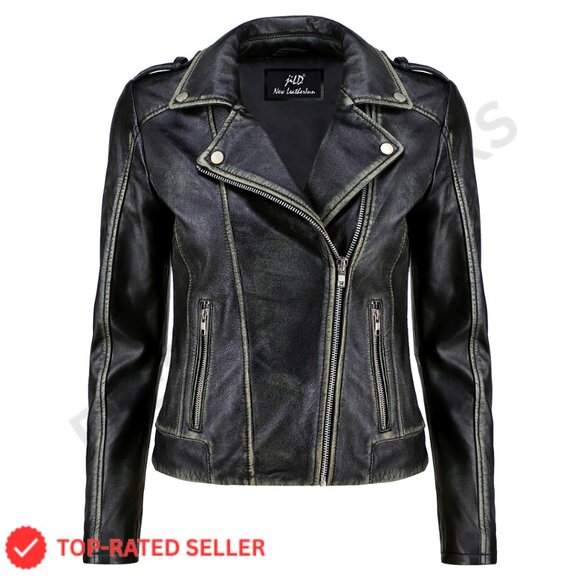 Vintage Lambskin Leather Moto Jacket Asymmetrical Zip Zippered Pockets
